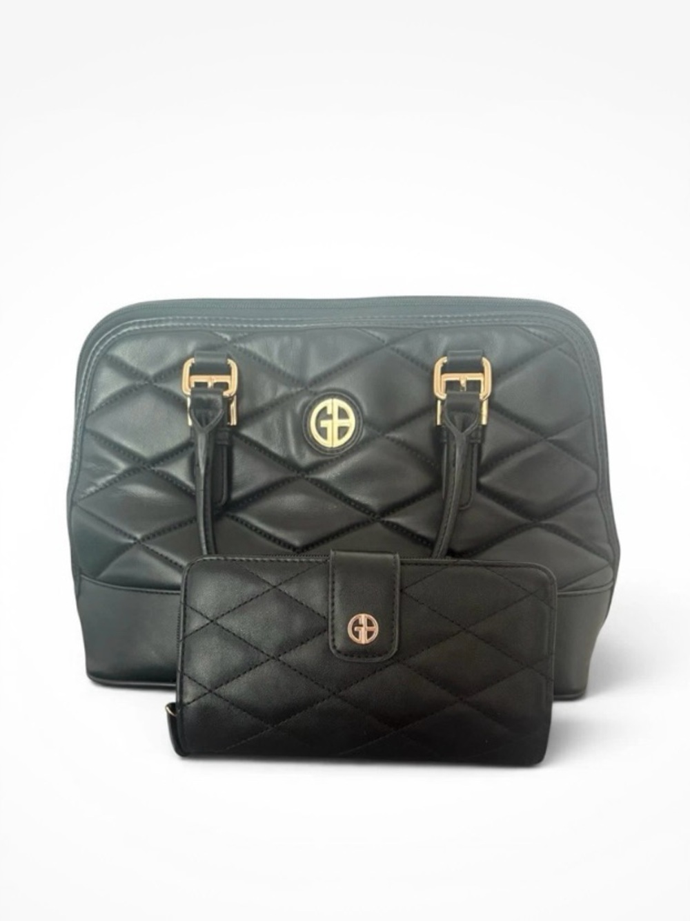 Gianni Bernini Quilted Black Faux Leather Dome Purse and Wallet Matching Set